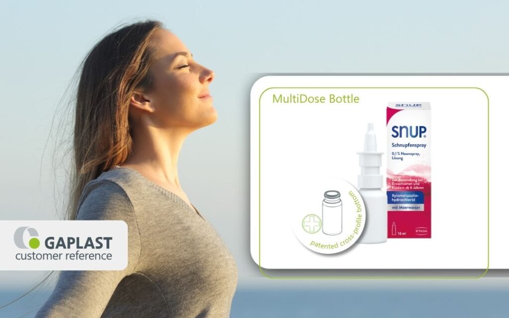 Person breathing easy with Snup nasal spray from STADA using the MuliDose bottle