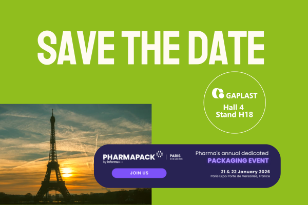 Save-the-Date Einladung von Gaplast für die Pharmapack 2026 (21-22 Januar) in Paris Expo Porte de Versailles - Sie finden uns in Halle 4/ Stand H18