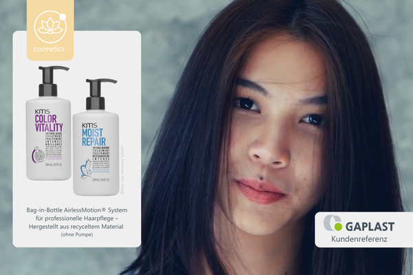KMS Haarmasken mit Bag-in-Bottle Flaschen aus 80% PCR Material; im Hintergrund eine Frau mit schwarzen Haaren