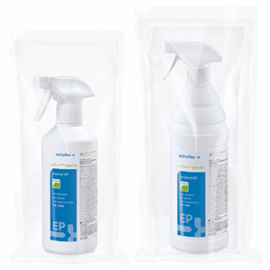Produktabbildung des AirlessMotion® Bag-in-Bottle-Systems mit Desinfektionsmittel-Flaschen in 500 ml und 1.000 ml für den Einsatz in Reinräumen