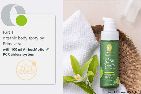 product shot Primavera body spray with AirlessMotion PCR bottle