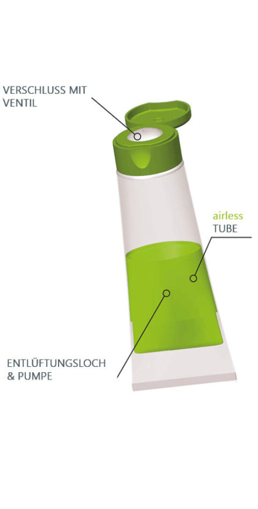 Produktskizze Ventilverschluss mit TubAirfree® Tube Airless Tube mit gefülltem Innnenbeutel und grünen Verschluss mit Ventil