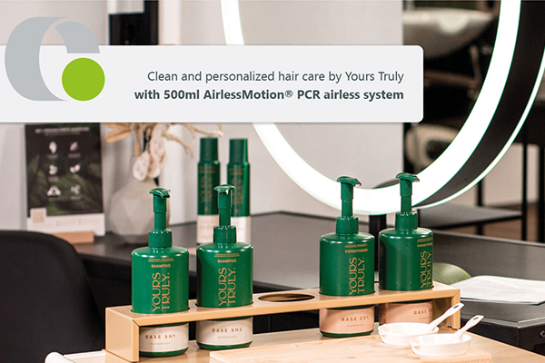 scene hair salon with 4 shampoos Yours Truly with AirlessMotion PCR bottle